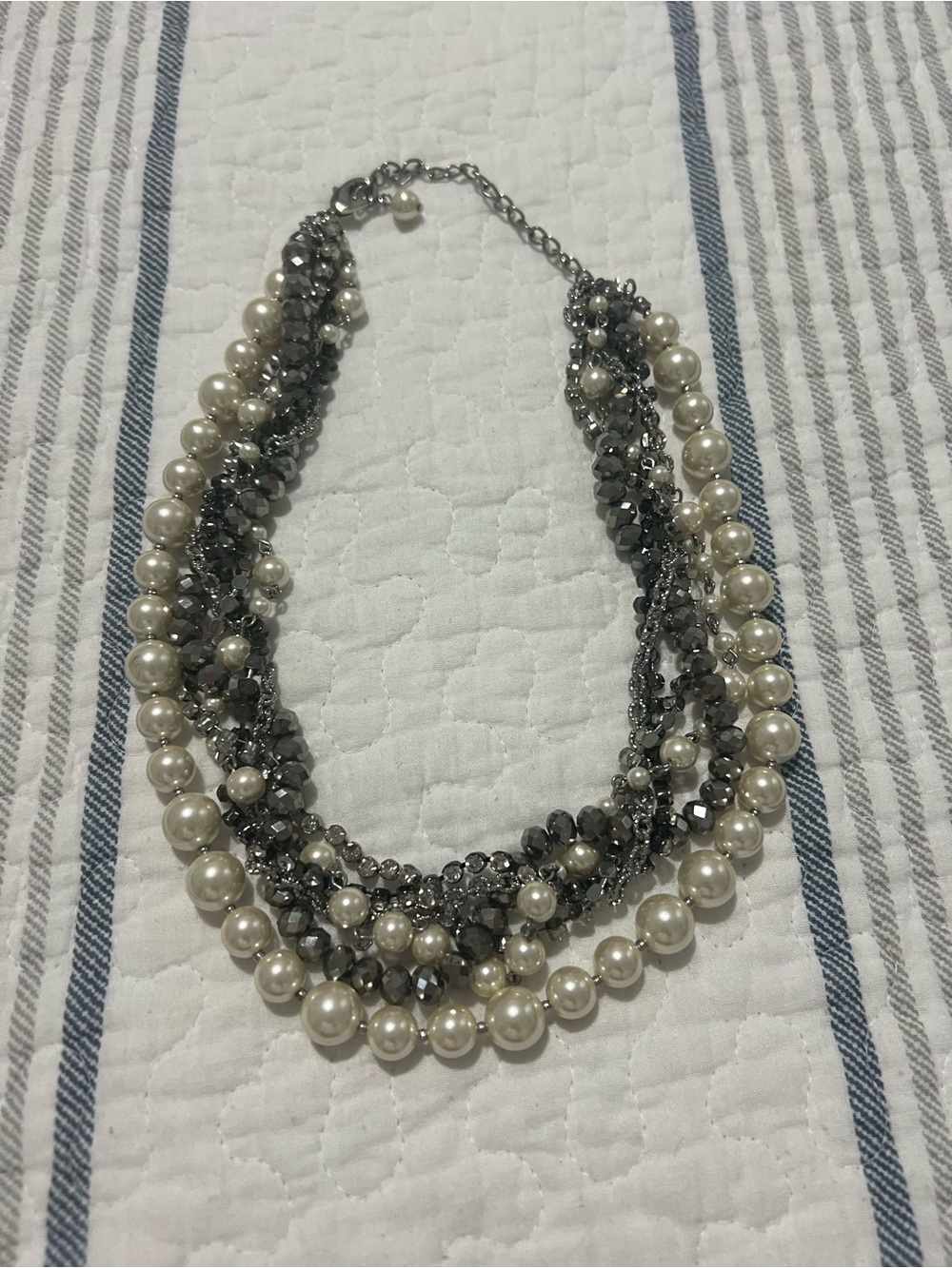 Pearl and Hematite Multi-Strand Necklace - cream pearls, silver, and gray beads